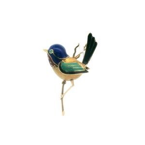 Vintage 18K Yellow Gold Enamel Bird Brooch